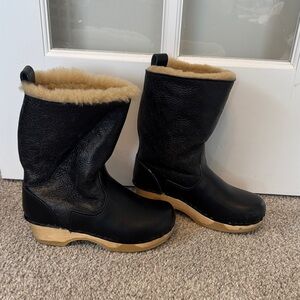 Sven Black Leather Winter Shearling-Lined Rain Boots with Tan Wood Sole